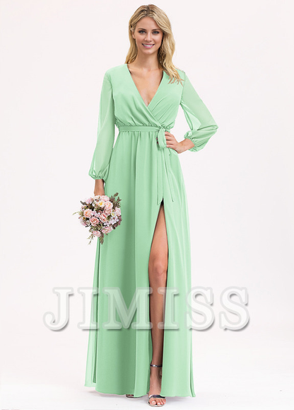 A-Line V-Neck Floor Length Chiffon Bow Pleated Bridesmaids Dress