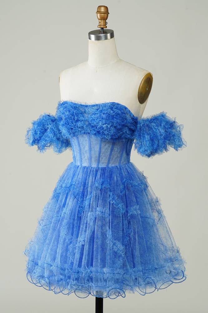 Off the Shoulder A-Line Blue Homecoming Dress