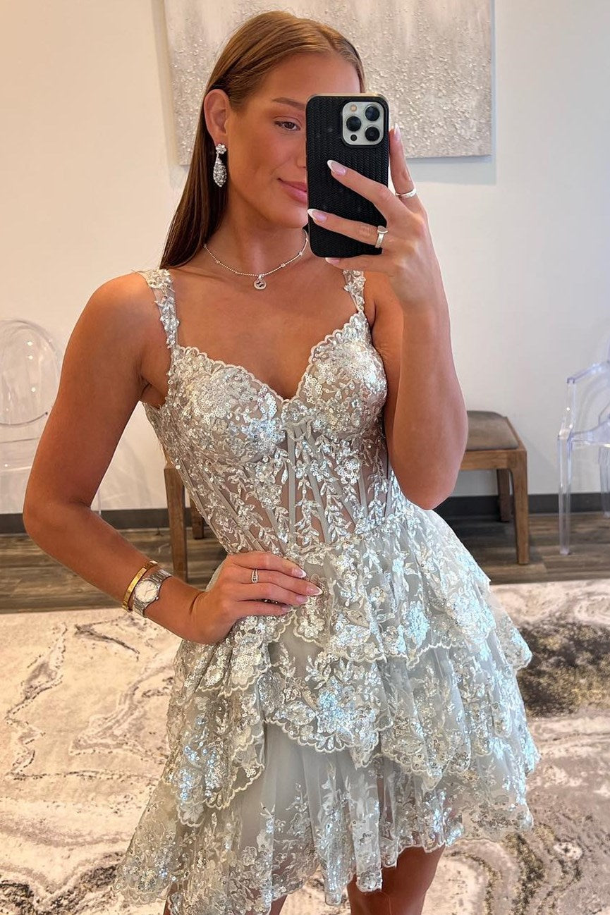Black Sequin-Embroidery Sweetheart A-Line Tiered Homecoming Dress