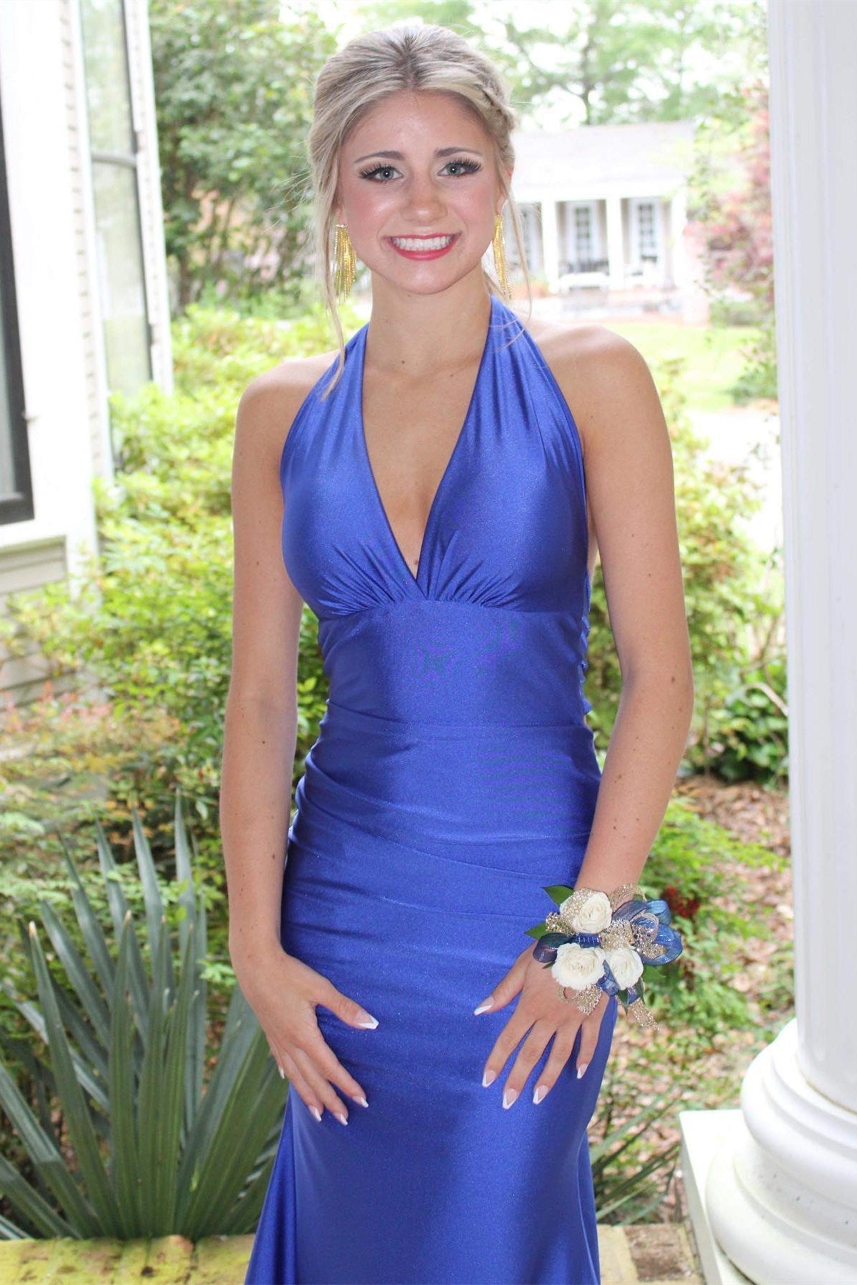 Fuchsia Halter Tie-Back Mermaid Long Prom Dress