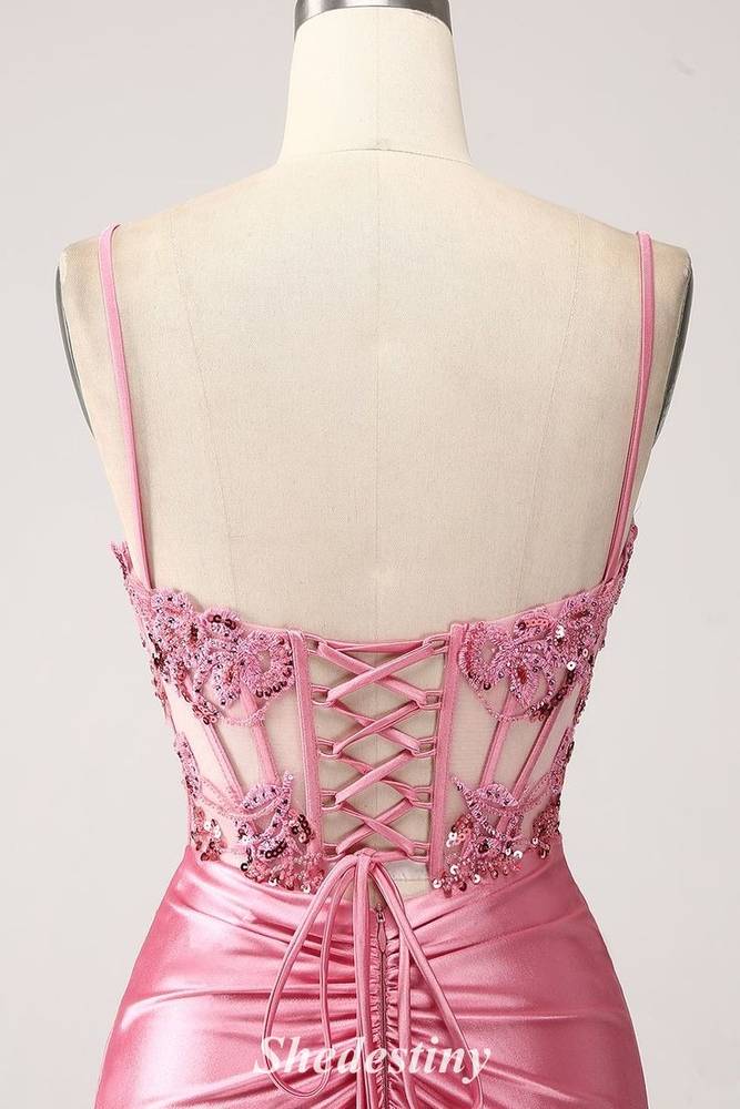 Sequin Applique Sweetheart Mermaid Pink Prom Dress with Slit