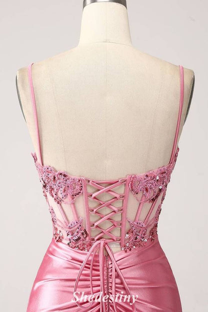 Sequin Applique Sweetheart Mermaid Pink Prom Dress with Slit