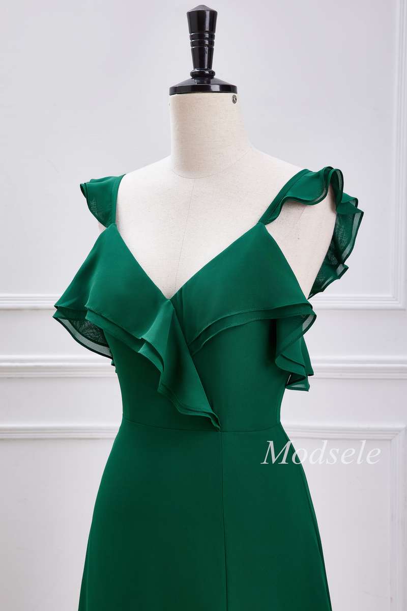 Emerald Ruffle Flutter Sleeve Maxi Dress with Slit