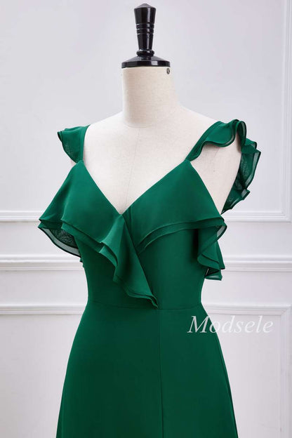 Emerald Ruffle Flutter Sleeve Maxi Dress with Slit