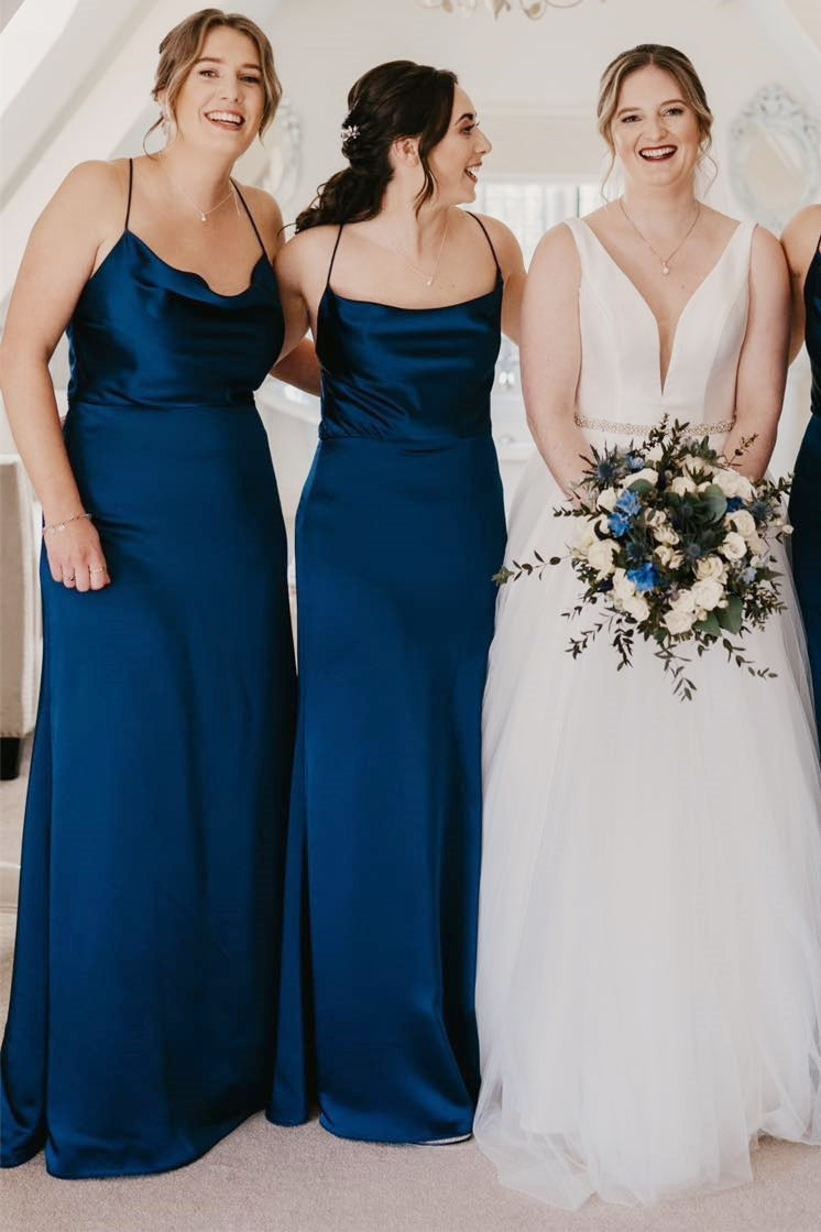 Champagne Cowl Neck Spaghetti Strap Long Dress