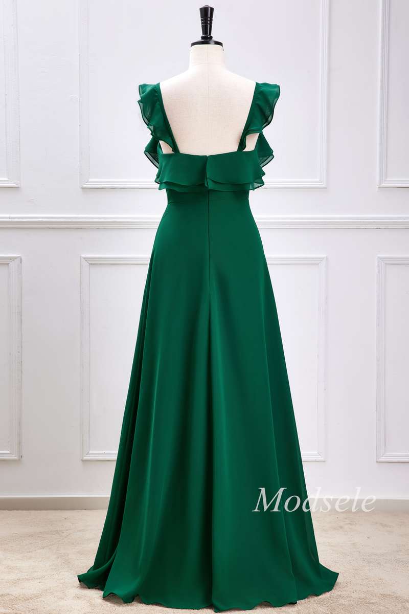 Emerald Ruffle Flutter Sleeve Maxi Dress with Slit
