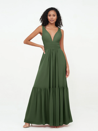 Deep V-neck chiffon layered skirt Bohemian style dress