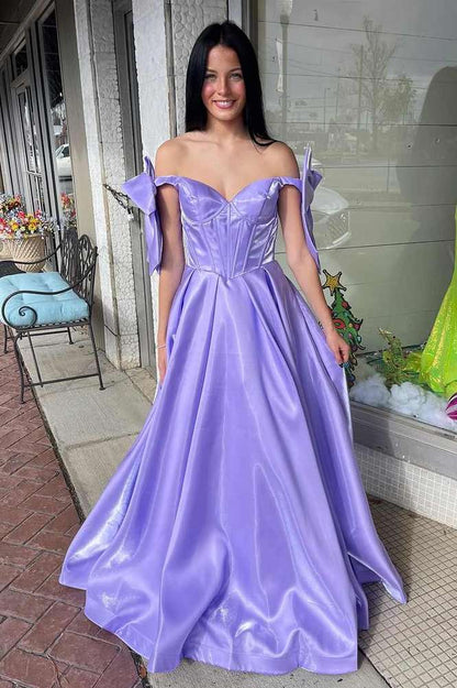 Bowknot Off Shoulder Fuchsia A-Line Corset Gala Prom Dress
