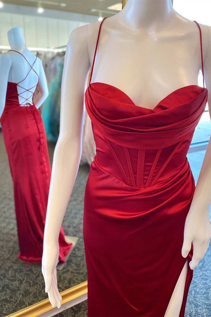 Teal Green Cowl Neck Ruched Lace-Up Long Prom Dress with Slit