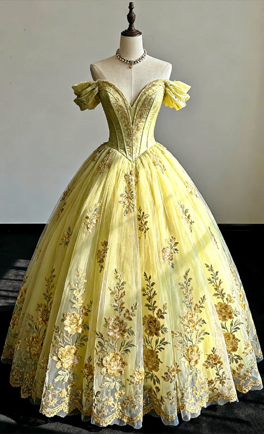 girlhomeshops-Yellow vintage floral long tulle ball gown gh6240