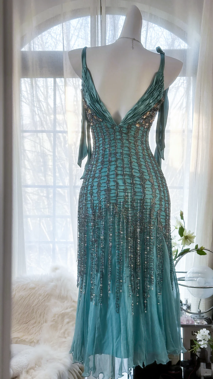Elegant Blue Sparkling Beaded Spaghetti Strap V-neck Romantic Chiffon Evening Dress Prom Dresses HZ1024