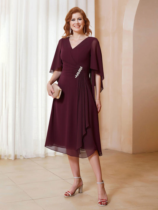 A-Line V-neck Flutter Sleeves Chiffon Knee-Length Dress Cabernet