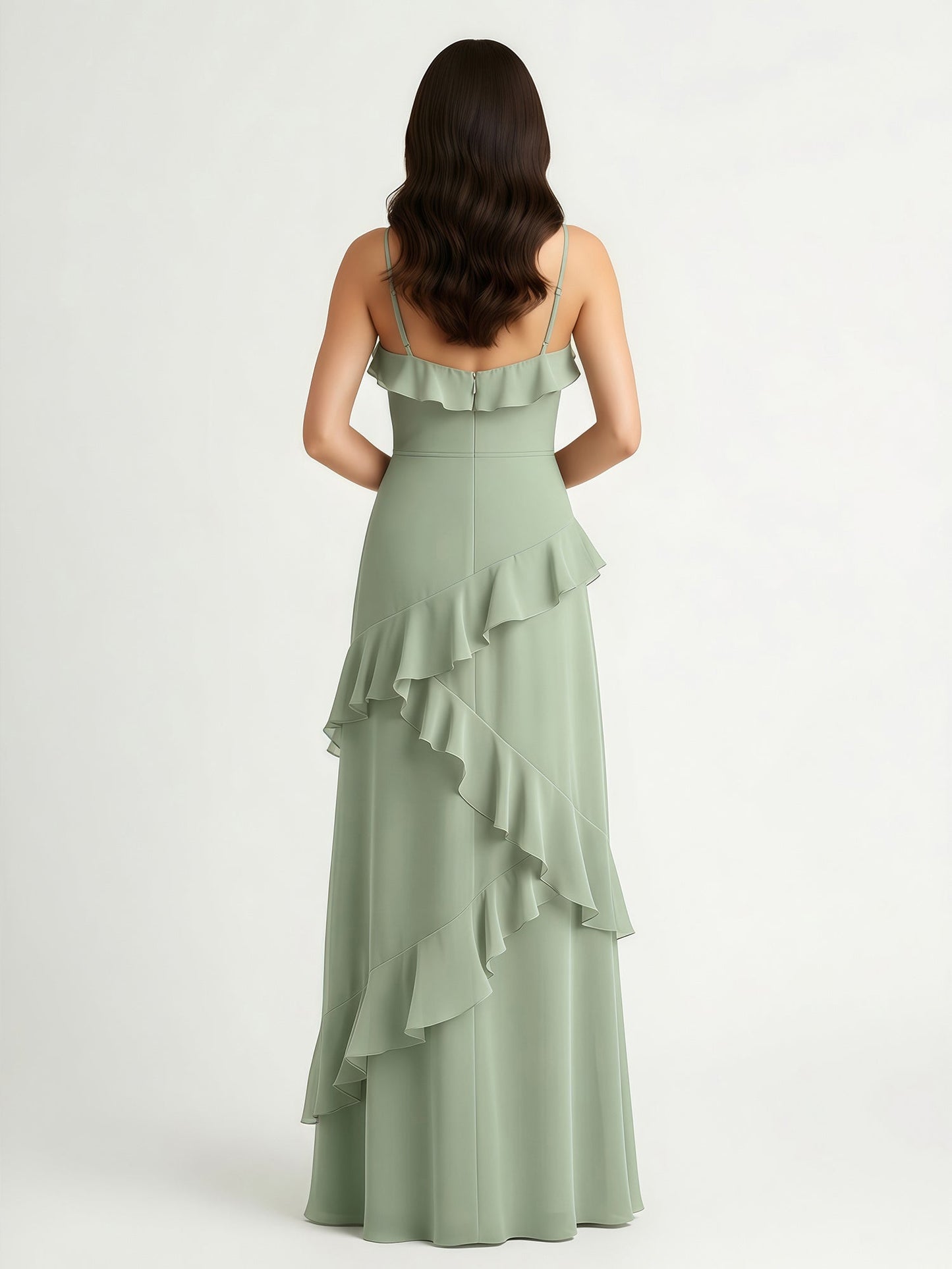 A-Line Chiffon Ruffle Floor Length V-Neck Dresses Dusty Sage