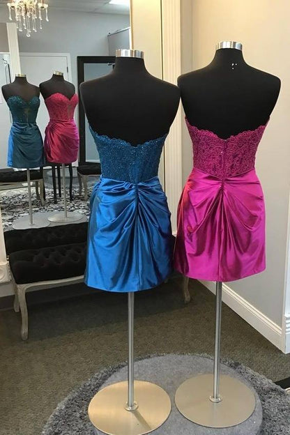 Strapless  Lace Appliques Pleated Tight Homecoming Dress