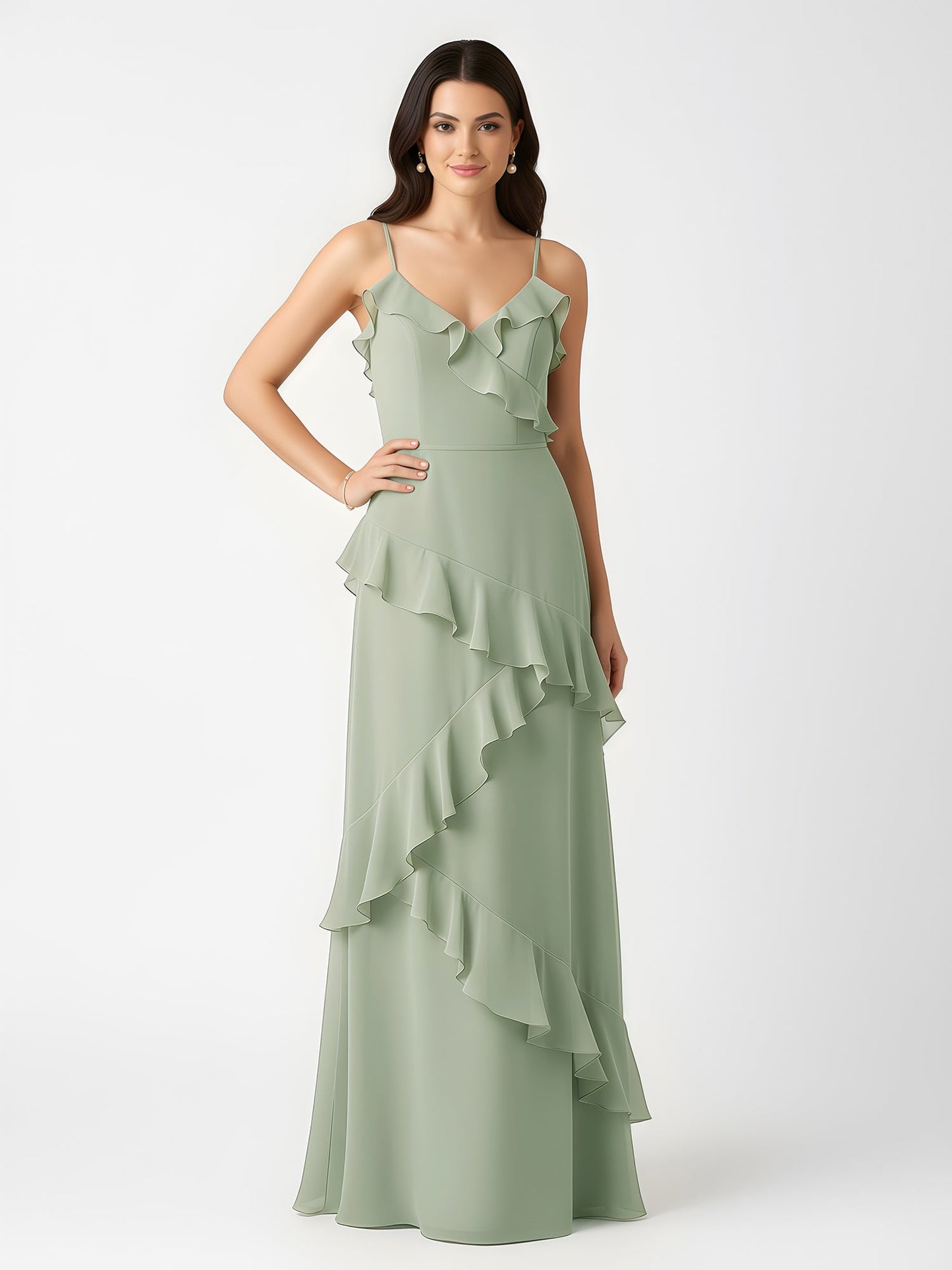A-Line Chiffon Ruffle Floor Length V-Neck Dresses Dusty Sage