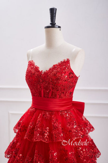 Strapless Red Sequin Ruffle Homecoming Dress with Bow