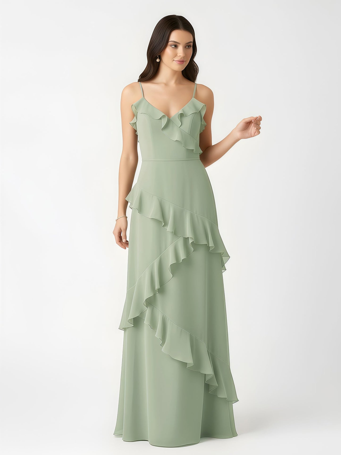 A-Line Chiffon Ruffle Floor Length V-Neck Dresses Dusty Sage