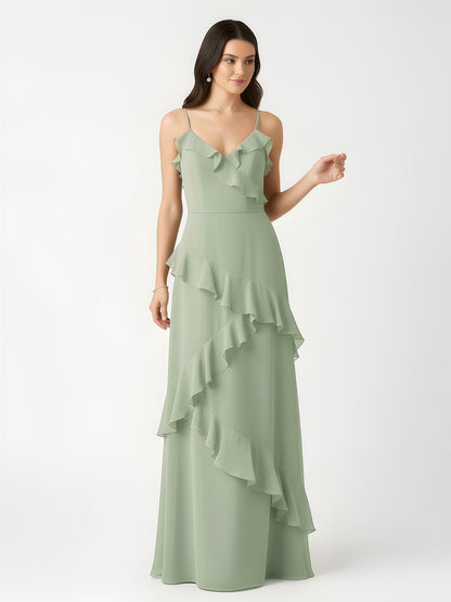 A-Line Chiffon Ruffle Floor Length V-Neck Dresses Dusty Sage