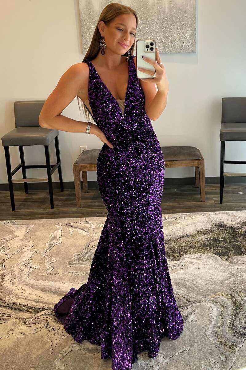 Glitter Plunge Pink Sequin Trumpet Long Formal Dress