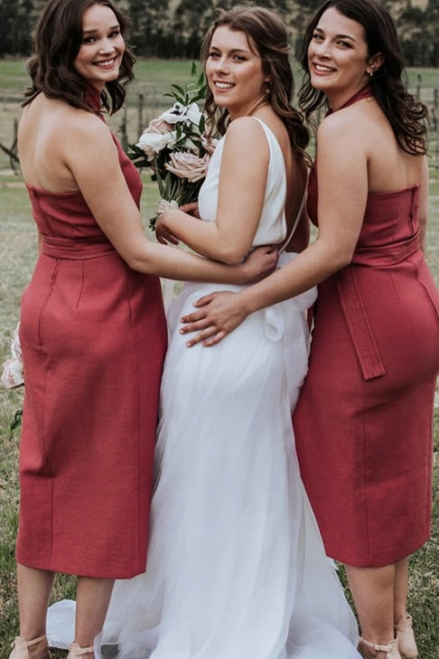 A-line Halter Tea-length Dark Coral Bridesmaid Dress with Belt
