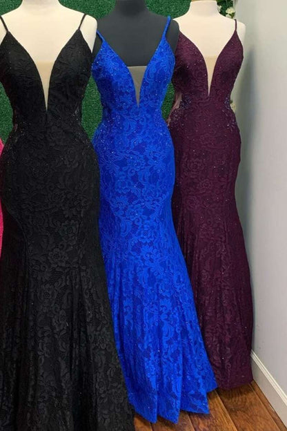 Trumpet Hot Pink V-Neck Lace Backless Sleeveless Long Prom Dress