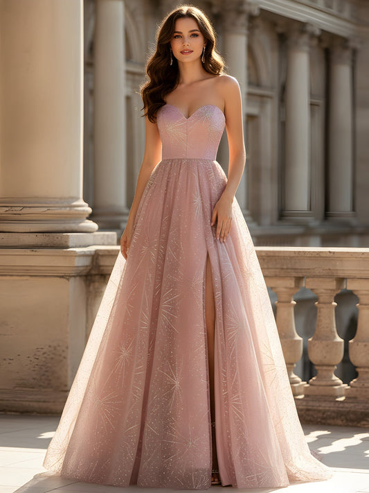 Corset-Back Strapless Evening Dress with Sparkle Pattern Dusty Rose