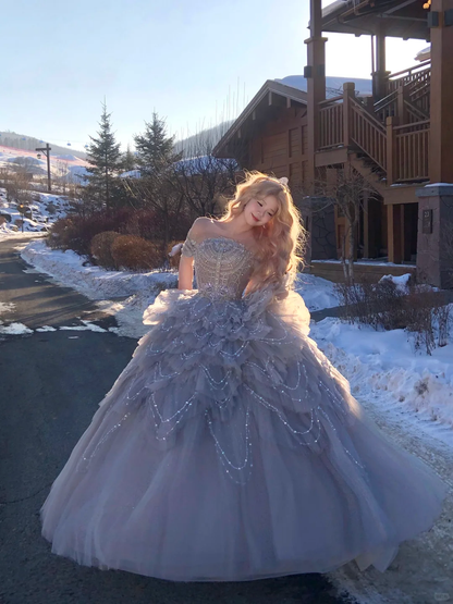 Gorgeous Glittering Sequined Beaded Off-the-shoulder Tulle Sweet 16 Quinceanera A-Line Evening Dress Ball Gown HZ1024
