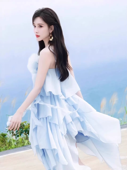 New Fashion Light Blue 3D Flower Spaghetti Strap Irregular Hem Design Summer Party Dress HZ1024