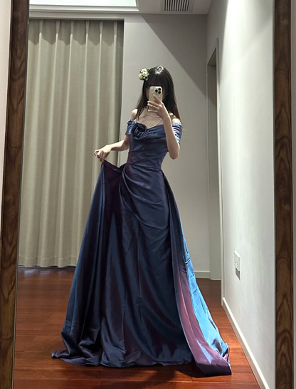 Retro Elegant Blue-Purple Off-Shoulder Hand-Pleated Satin Prom Dress Evening Dress cc5289