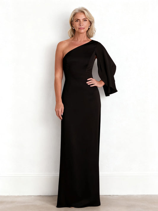 Sleek Asymmetrical Full-Length Dress with Fluid Draping Black