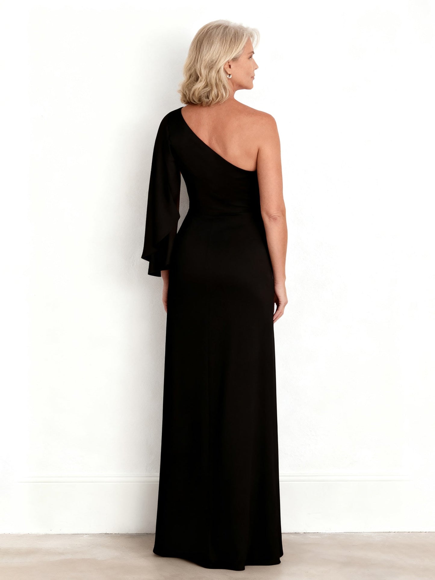 Sleek Asymmetrical Full-Length Dress with Fluid Draping Black