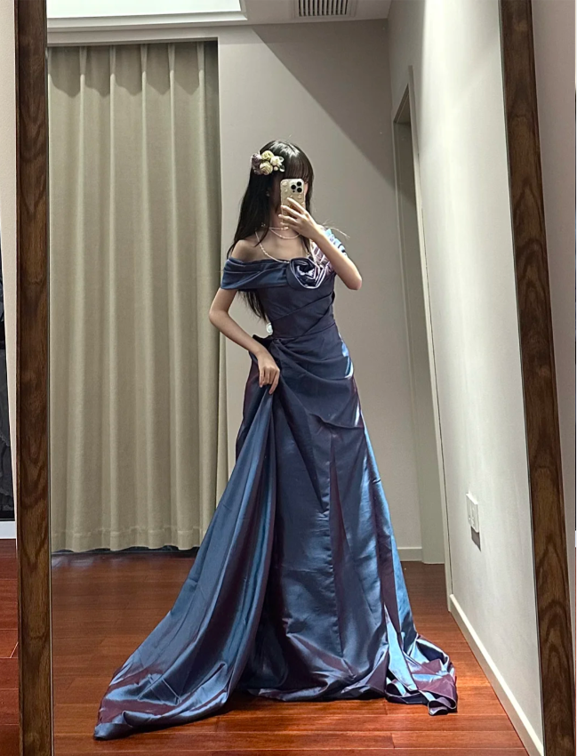 Retro Elegant Blue-Purple Off-Shoulder Hand-Pleated Satin Prom Dress Evening Dress cc5289