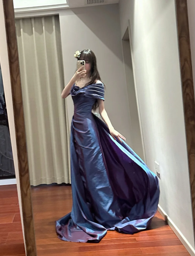 Retro Elegant Blue-Purple Off-Shoulder Hand-Pleated Satin Prom Dress Evening Dress cc5289