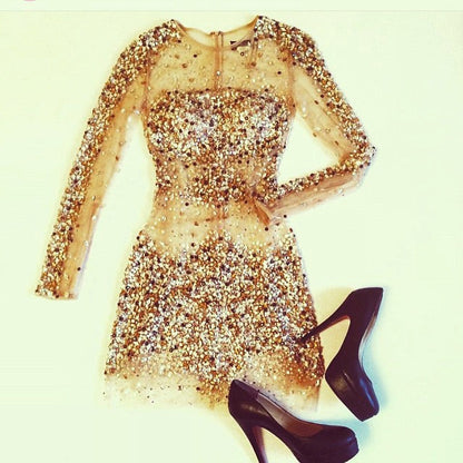 Sheer Homecoming Dresses Beaded Long Sleeves