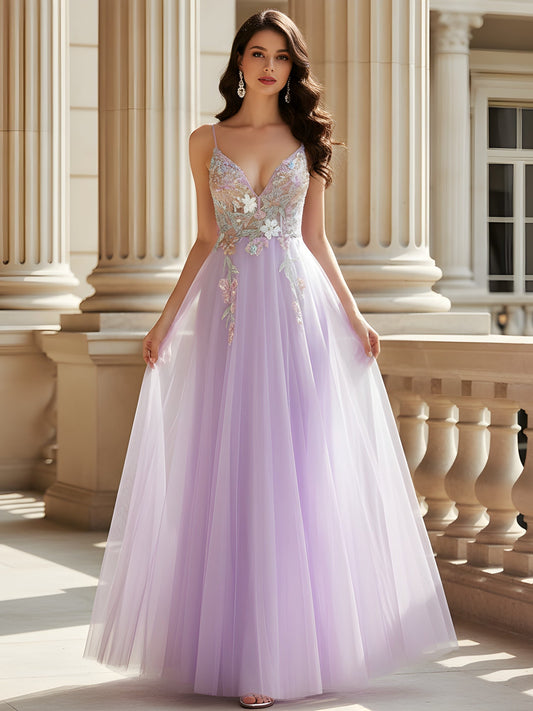 Delicate Spaghetti Strap A-Line Dress with V-Neckline Lilac