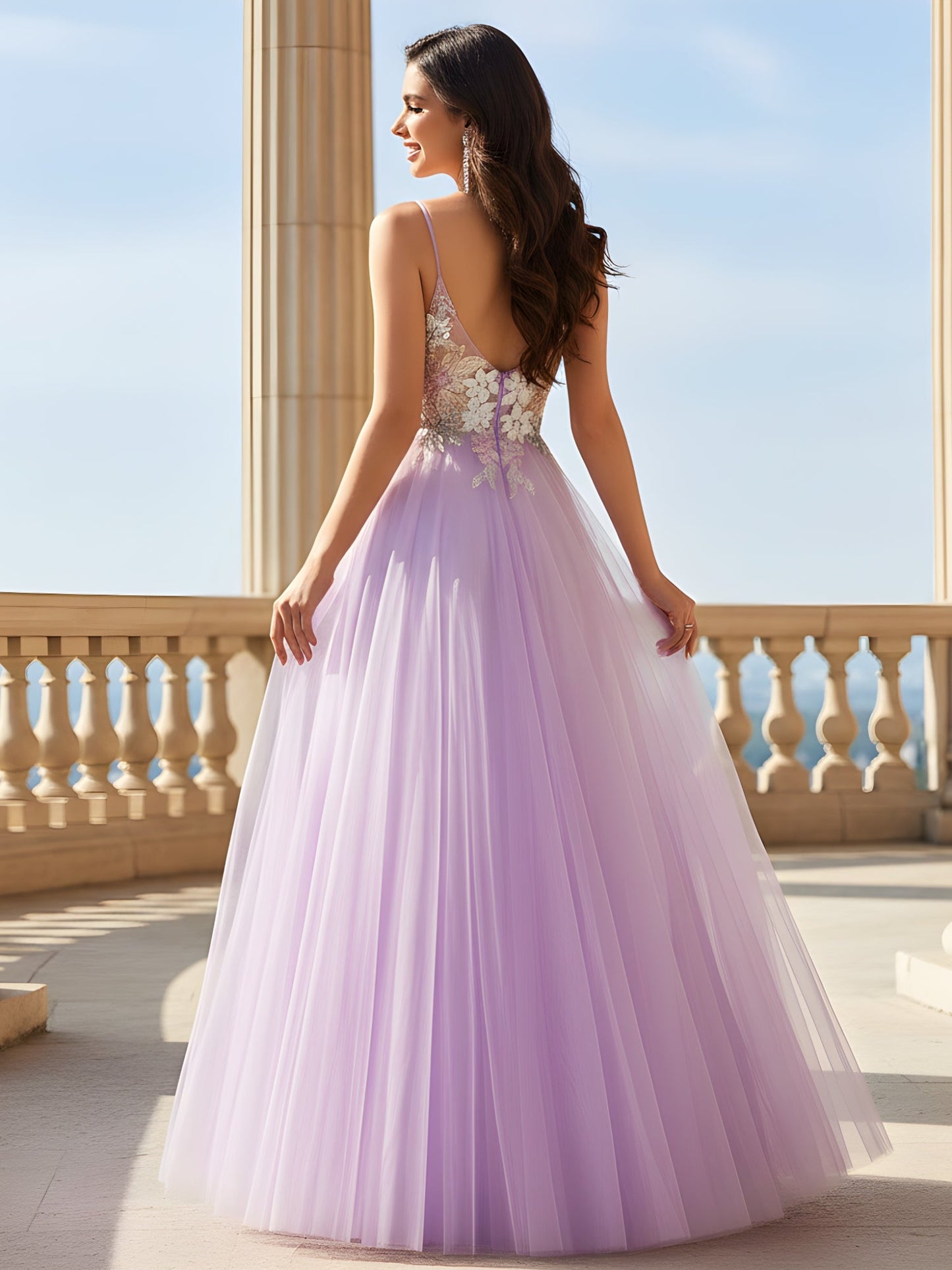 Delicate Spaghetti Strap A-Line Dress with V-Neckline Lilac