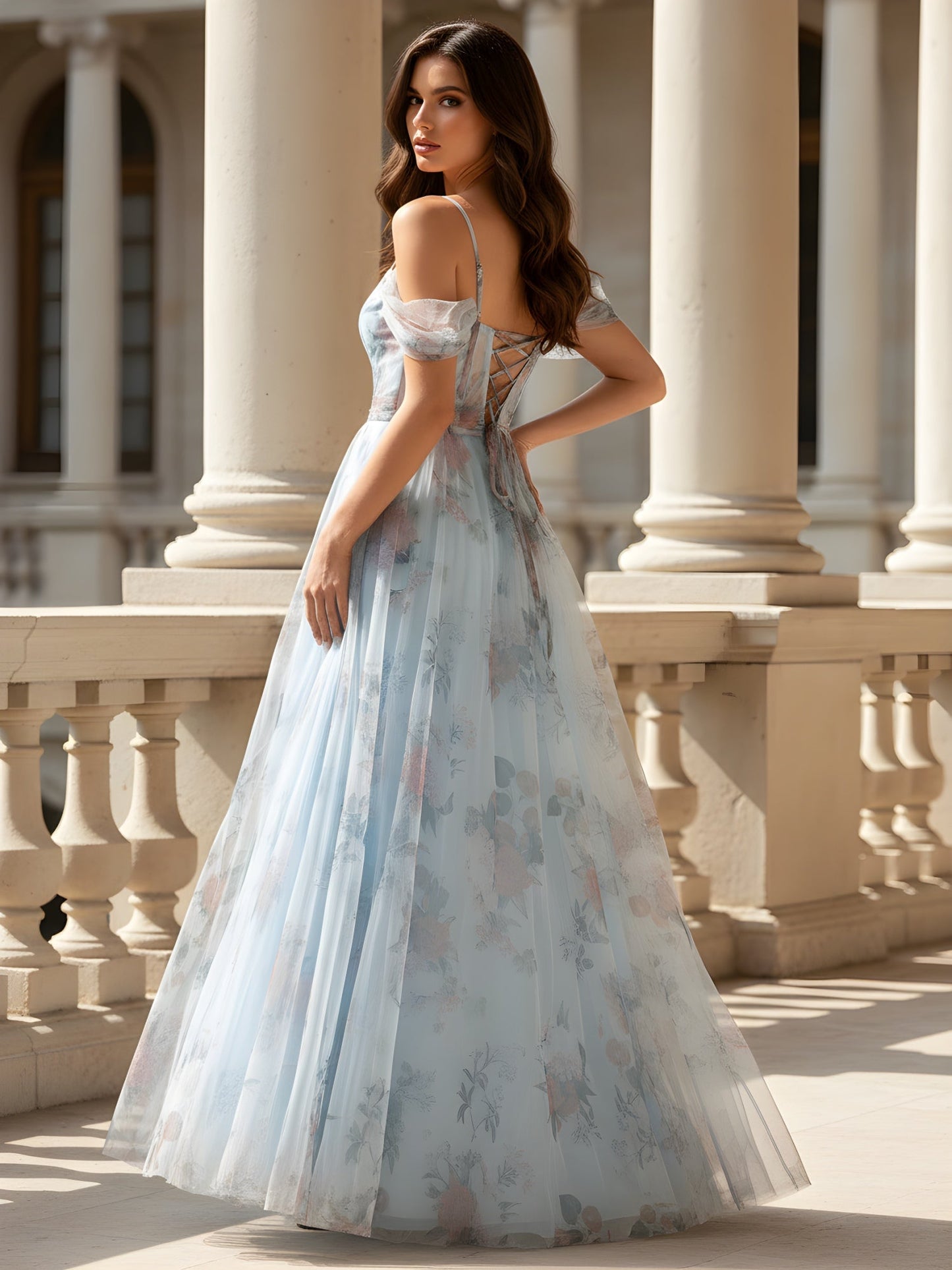 Off-the-Shoulder Tulle Gown with Romantic Floral Print