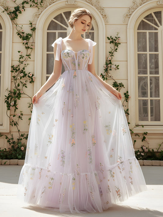 Sheer Bodice A-Line Gown with Field Flower Embroidery Lavender