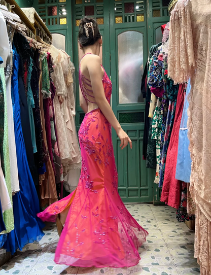 Retro Orange-Pink Mermaid Halter Neck Backless Beaded Tulle Long Prom Dress Evening Dress cc5290