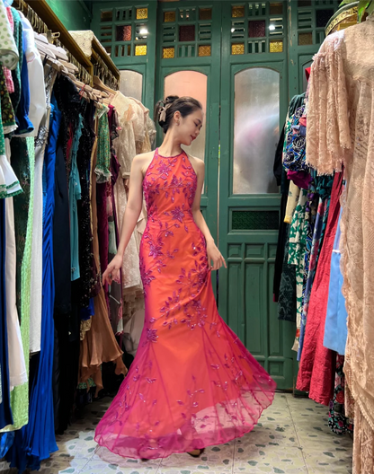 Retro Orange-Pink Mermaid Halter Neck Backless Beaded Tulle Long Prom Dress Evening Dress cc5290