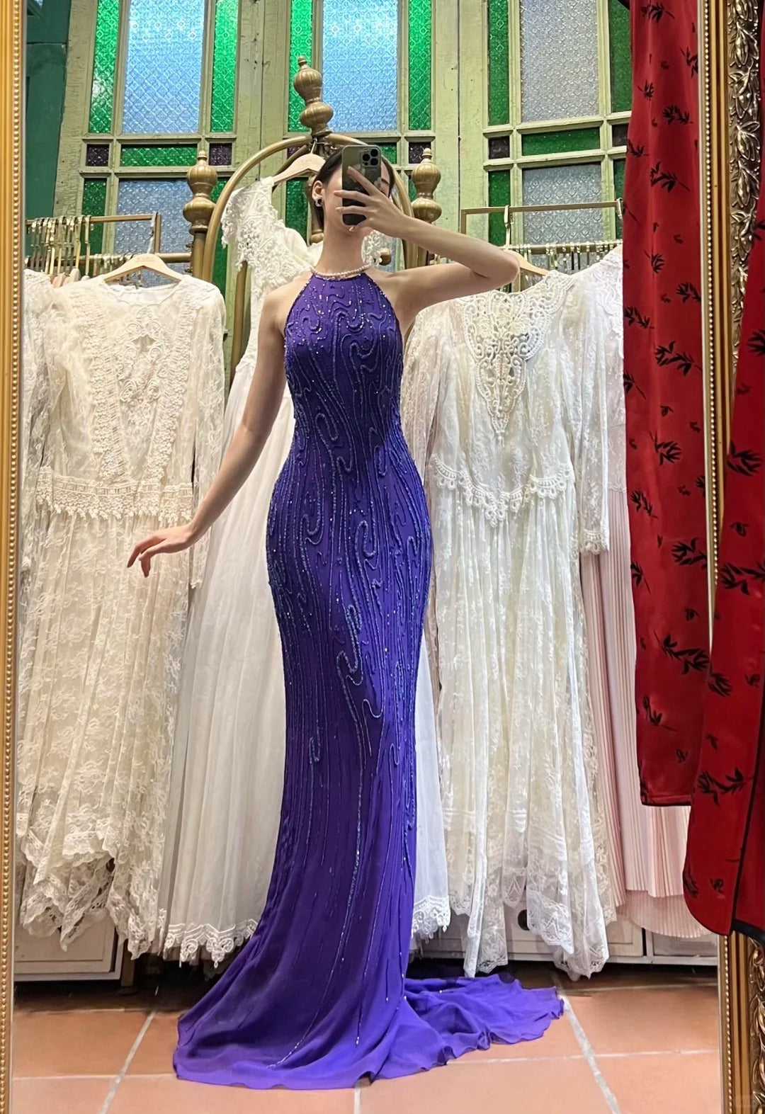 Vintage Deep Purple Mermaid Halter Neck Backless Beaded Chiffon Prom Dress Evening Dress cc5291
