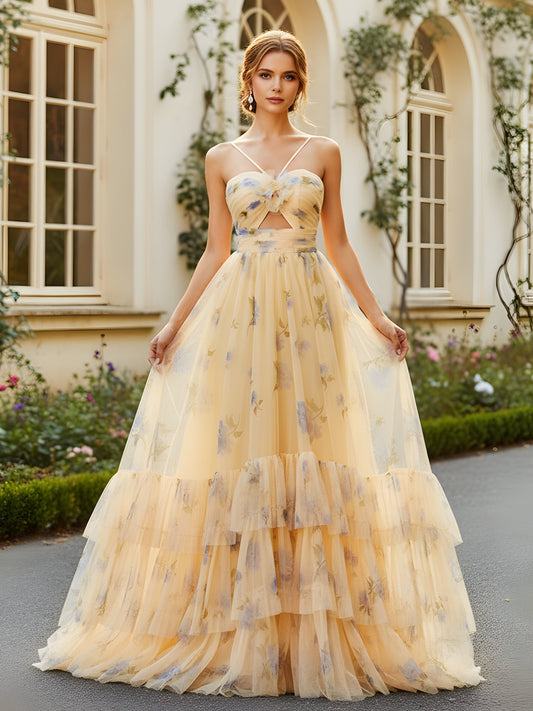 Charming Ruffled Tulle Gown with Cutout Bodice Daffodil