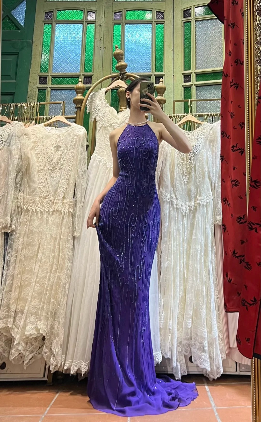 Vintage Deep Purple Mermaid Halter Neck Backless Beaded Chiffon Prom Dress Evening Dress cc5291