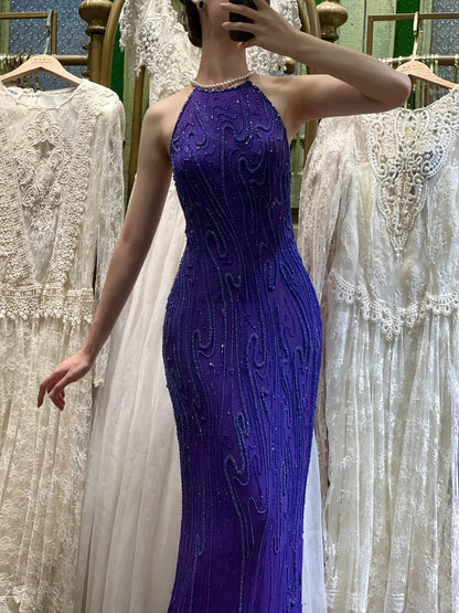 Vintage Deep Purple Mermaid Halter Neck Backless Beaded Chiffon Prom Dress Evening Dress cc5291