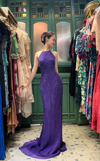 Vintage Deep Purple Mermaid Halter Neck Backless Beaded Chiffon Prom Dress Evening Dress cc5291