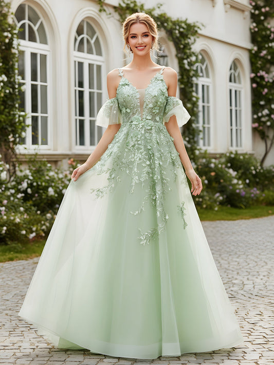 Illusion V-Neck Dress with Off-the-Shoulder Flutter Sleeves Dusty Sage