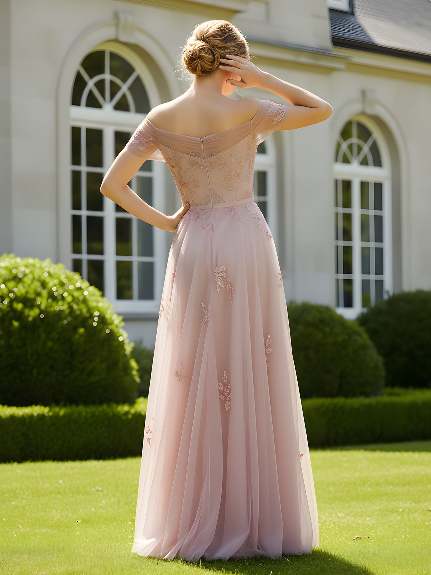 Evening Formal Dress with Illusion Bodice Dusty Rose