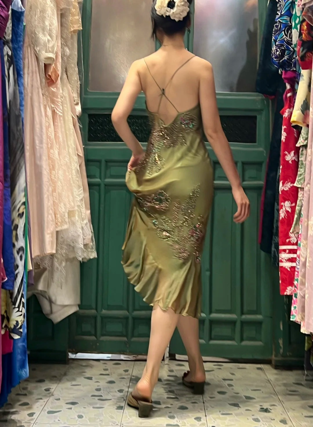 Retro Elegant Olive Green Deep V Backless Cross-Beaded Chiffon Long Prom Dress Evening Dress cc5292