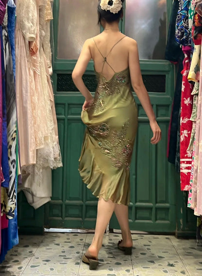 Retro Elegant Olive Green Deep V Backless Cross-Beaded Chiffon Long Prom Dress Evening Dress cc5292