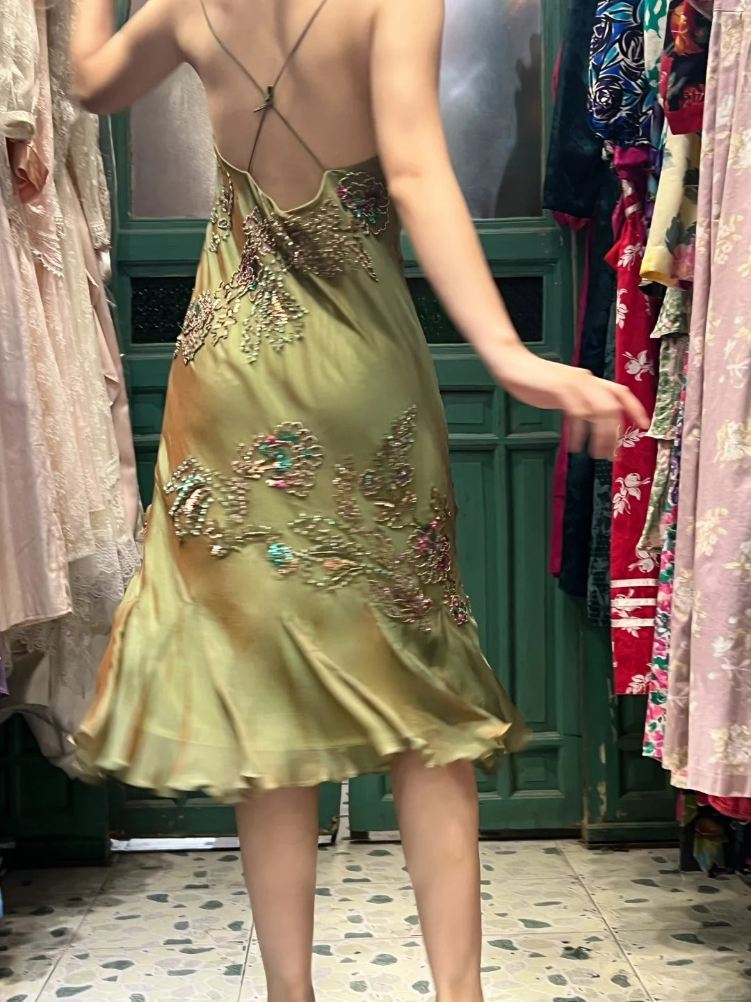 Retro Elegant Olive Green Deep V Backless Cross-Beaded Chiffon Long Prom Dress Evening Dress cc5292